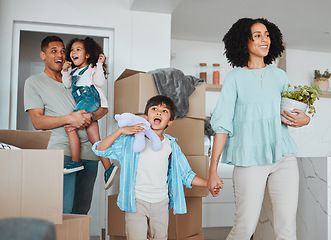 Image showing Happy kids, wow or excited parents in new home, real estate property investment or rental apartment. Surprise, shocked father or children walking or holding hands with mom in family house together