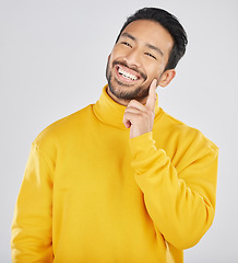 Image showing Happy man, smile and thinking with future and dream, inspiration and memory isolated on white background. Planning, ideas and thoughtful with positivity, brainstorming and mission questions in studio