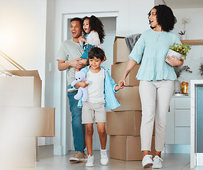 Image showing Kids, surprise or excited parents in new home, real estate property investment or rental apartment. Wow, shocked father or happy children walking or holding hands with mom in family house together