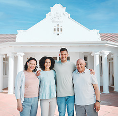 Image showing Happy, real estate and portrait of generations of family standing outdoor of new property or home investment. Smile, love and young man and woman homeowners with senior parents by a modern house.