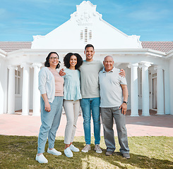 Image showing Smile, new home and portrait of generations of family standing outdoor of their property or real estate. Happy, love and young man and woman homeowners with their senior parents by a modern house.