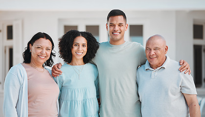 Image showing Happy, property and portrait of generations of family standing outdoor of their new home or real estate. Smile, love and young man and woman homeowners with their senior parents by a modern house.