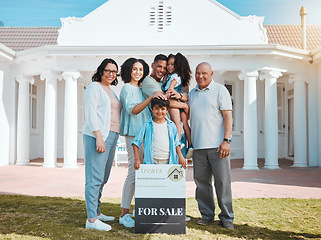 Image showing Portrait, real estate and a family with a for sale sign outside of their home together for growth or relocation. Grandparents, parents and children in the garden of a property or house on moving day