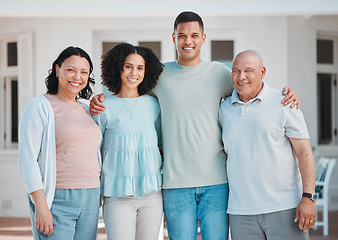 Image showing Love, new house and portrait of generations of family standing outdoor of their property or real estate. Smile, happy and young man and woman homeowners with their senior parents by a modern home.