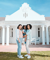 Image showing Portrait of grandmother, mother and girl by their new home, property or real estate backyard. Smile, happy and young mom with her child and mother standing outdoor the modern house or building.