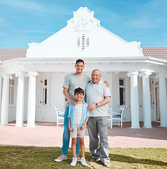 Image showing Portrait of grandfather, father and boy by new home, property or real estate backyard. Smile, happy and young dad standing outdoor a modern house or building with his child and senior man with pride.