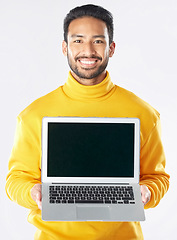Image showing Laptop screen, mockup and smile with portrait of man in studio for social media, communication and ux. Website, research and logo with person on white background for email, online and internet