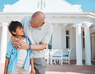 Image showing Smile, grandfather or child in backyard in new home, property or real estate together on holiday. Love, care or happy grandpa with boy or kid on outdoor porch to bond, hug or play in family house