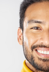 Image showing Half face, smile of man and skincare in studio isolated on a white background mockup space. Portrait, happy and natural beauty of Mexican person in cosmetics, facial treatment or skin health wellness