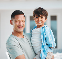 Image showing Happy, smile and portrait of a father with his child for bonding time outdoor together at home. Excited, love and young dad holding his boy kid with a positive attitude for fun at house in Mexico.