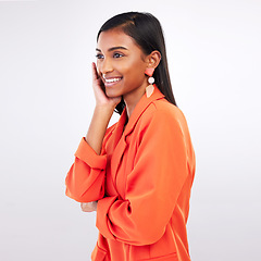 Image showing Fashion, smile and young woman in a studio with a classy, formal and stylish blazer outfit. Confidence, beauty and happy Indian female model with elegant business style isolated by white background.