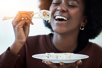 Image showing Happy, woman and eating sushi with chopsticks or salmon, seafood and healthy dinner in home with plate of rice dish. Luxury, menu and person excited for fish platter, food delivery and smile on face