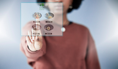 Image showing Woman, hand and HUD in online shopping on food menu, UI or UX of digital hologram or dashboard. Closeup of female person in ecommerce, choice or selection on futuristic display, website or app icon