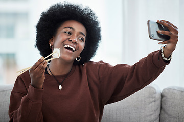 Image showing Food, selfie and black woman with sushi, chopsticks and post of seafood or eating healthy dinner in home on social media. Influencer, person and photography of fish, dish or diet on blog or video