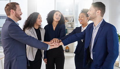 Image showing Business people, meeting and hands together, team and diversity with goals, solidarity and support. Collaboration, huddle and happy working together, trust and partnership with mission and community