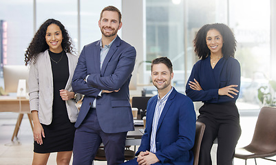 Image showing Happy, team and portrait of business people in office with confidence, smile and collaboration. Crossed arms, diversity and professional corporate lawyers working on legal case together in workplace.