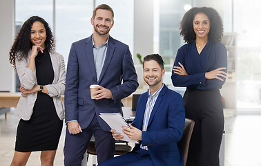 Image showing Smile, team and portrait of business people in office with confidence, professional and collaboration. Crossed arms, diversity and group of corporate lawyers work on legal case together in workplace.