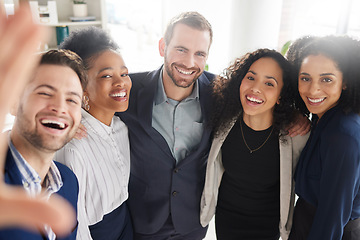 Image showing Group of business people together in selfie with smile, pride and happiness in workplace for company portrait. Photography, proud men and women in office for team building, support and solidarity.