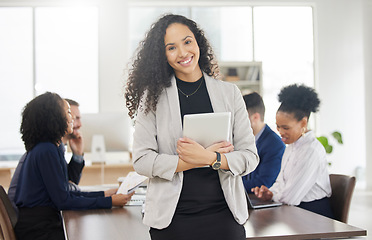 Image showing Business woman, portrait and tablet in meeting with team for project management or discussion of digital marketing strategy. Corporate, employee and professional work in Brazil in online research