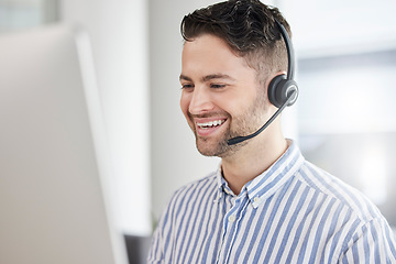 Image showing Customer service, call center and happy consultant or man speaking online for technical support, advice or help. Employee, talking and consulting person In Portugal working in crm for tech startup
