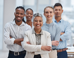 Image showing Professional, team and portrait with diversity, arms crossed and confident management working together in accounting office. Accountant, business people or group smile for leadership or collaboration