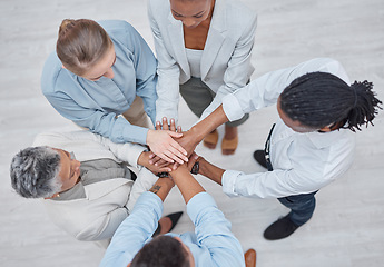 Image showing Hands stack, group circle and business people celebrate community cooperation, synergy or corporate meeting. Top view, project collaboration or staff partnership, solidarity and team building support