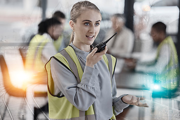 Image showing Walkie talkie, engineering overlay and woman in office for construction, infrastructure and maintenance. Architecture meeting, contractor and person on radio for instruction, communication or talking