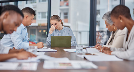 Image showing Business people, team and woman with headache in meeting at office, mistake and fail. Stress, group and person frustrated in problem, financial crisis or fear for challenge of tax debt in bankruptcy