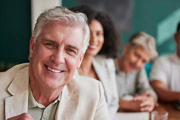 Image showing Mature businessman, portrait and meeting with staff, management or happy ceo with business people in workplace. Executive, man and smile of accountant, manager or entrepreneur work in London office