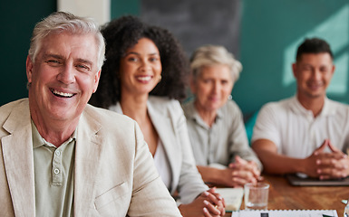 Image showing Meeting, manager and portrait of business people in office for discussion on corporate finance project. Smile, happy and senior leader with team of accountants working in collaboration in workplace.