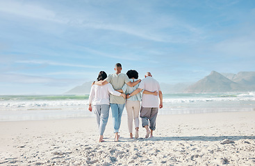 Image showing Back, mockup and a family walking on the beach together for summer vacation or holiday in nature. Love, freedom and travel with senior people, son or daughter outdoor for summer bonding by the ocean