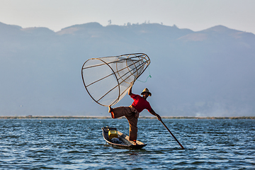 Image showing Traditional Burmese fisherman at Inle lake