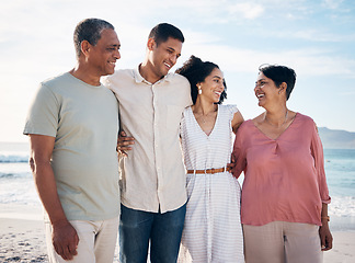 Image showing Ocean, senior parents and adult children together with smile, love and hug on summer holiday in Mexico. Embrace, happy family support and mature mom, dad and couple on beach vacation travel in nature