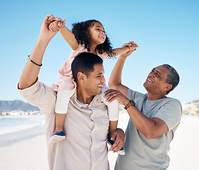 Image showing Beach, airplane and girl child with parent, grandpa and holding hands with freedom. Flying, love and happy family at sea for piggyback fun, playing and travel, smile and ocean shoulder game bonding