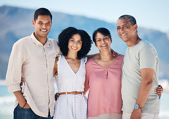Image showing Portrait, couple and senior parents on beach together with smile, love and summer holiday in Mexico. Embrace, happy family support and mom, dad and ocean holiday travel hug with man, woman and nature
