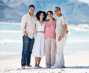 Image showing Beach, portrait and happy family, men and women together with smile, love and hug on summer holiday in Mexico. Embrace, senior parents with happy adult children on ocean holiday travel in nature.