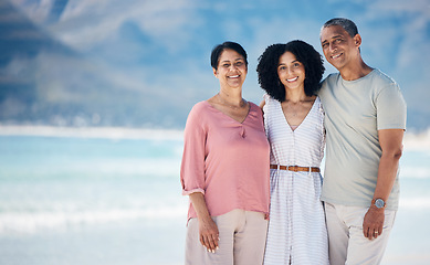 Image showing Beach, senior parents and daughter in beach together with smile, love and hug on summer holiday in Mexico. Embrace, happy family and mature mom, dad and woman on ocean holiday travel with mockup.