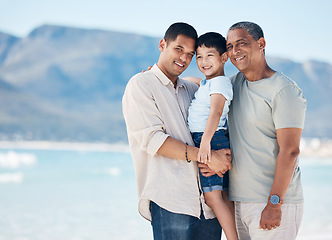 Image showing Happy, portrait and a family at the beach for a vacation, walking by the sea or travel together. Care, smile and a father, grandfather and a child at the ocean in the morning for a holiday in summer