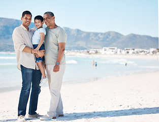 Image showing Mockup, portrait and family at the beach for a vacation, walking by the sea or travel together. Space, Bali and a father, grandfather and a child at the ocean in the morning for a holiday in summer