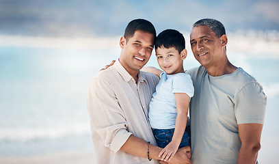 Image showing Love, portrait and a family at the beach for a vacation, walking by the sea or travel together. Care, smile and a father, grandfather and a child at the ocean in the morning for a holiday in summer