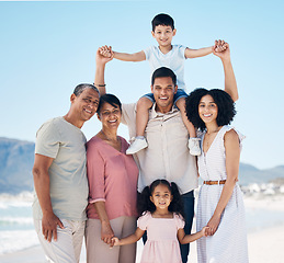 Image showing Beach, portrait and parents, grandparents and children together with smile, love and blue sky on summer holiday in Mexico. Happy family, men and women with kids on ocean holiday travel in nature.