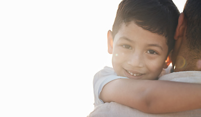 Image showing Boy, father and portrait with holding, space and smile outdoor with mockup, light and lens flare in summer. Dad, young child and happy with hug, vacation or holiday in bright sunshine for bonding