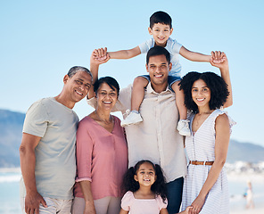 Image showing Beach, big family and portrait together with smile, love and generations embrace on summer holiday in Mexico. Happy parents, grandparents and children on ocean holiday travel in nature with blue sky.