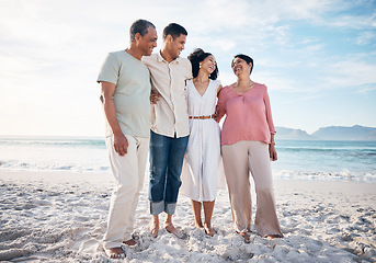 Image showing Beach, senior parents and happy family together with smile, love and hug on summer holiday in Mexico. Embrace, support on walk and mature mom, dad and adult children on ocean holiday travel in nature