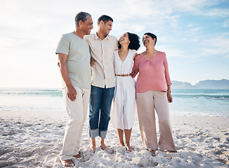 Image showing Sea, senior parents and adult children together with smile, love and hug on summer holiday in Mexico. Embrace, happy family support and mature mother, father and generations on beach vacation travel.