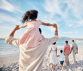 Image showing Big family, holiday and walking on beach together, piggy back and holding hands on summer island sand from behind. Parents, grandparents and kids adventure on tropical vacation at ocean in Hawaii.