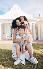 Image showing Portrait, love and children with a family in the backyard of their home together during summer. Smile, happy mother and real estate on the lawn in the garden of their new house for trust or care