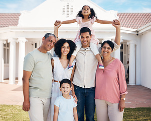 Image showing Happy, big family and outdoor portrait together with children, grandparents and mom and dad excited for new house or real estate. Parents, kids and old couple with happiness in backyard of home