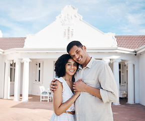 Image showing New home, happy and portrait of couple hug for house, property and real estate investment. Homeowner, marriage and man and woman embrace for care, trust and excited for purchase, buying and mortgage