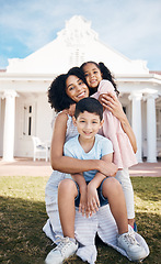 Image showing Portrait, love and real estate with a family in the backyard of their home together during summer. Smile, mother and happy children on the lawn in the garden of their new house for trust or care